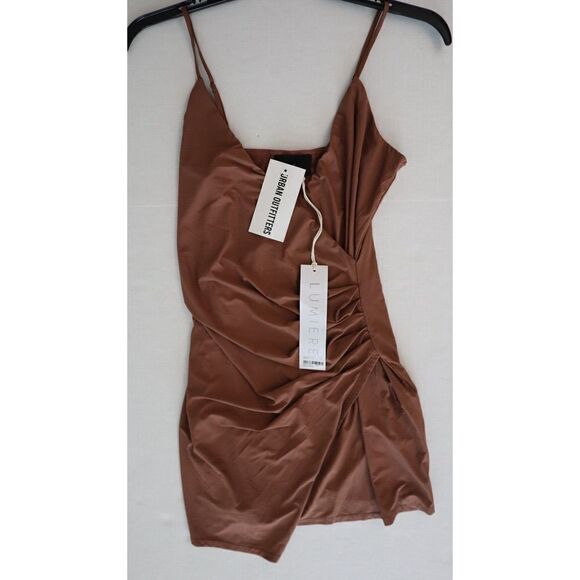 Urban Outfitters Women's Sz XS Cocoa Brown Lumiére Knit Faux Wrap Ruched Dress - Picture 1 of 8